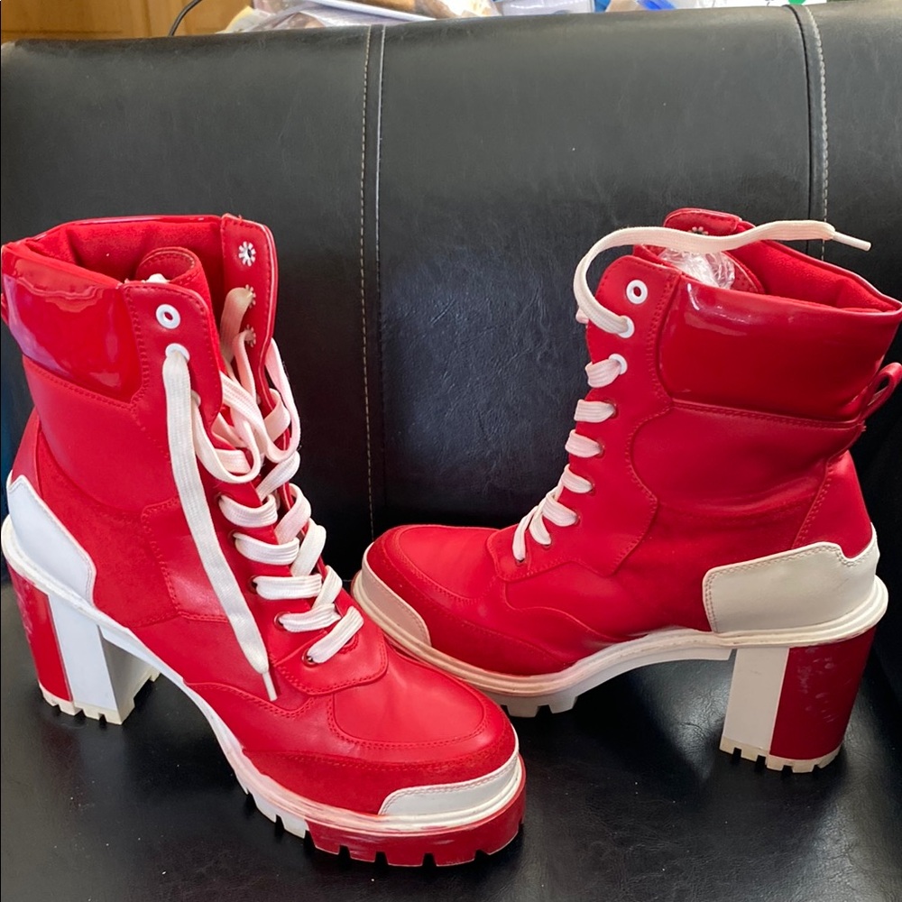 Vibrant Red and White Heeled Boots for Women